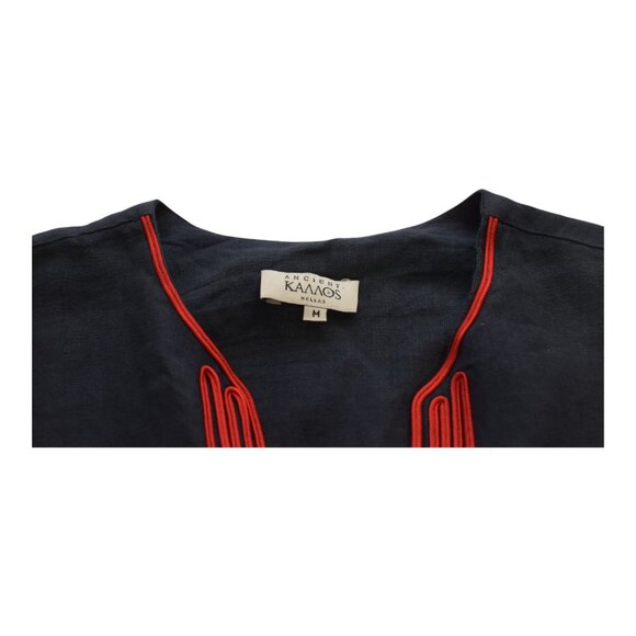 Ancient Kallos Athena Cord Navy Blue Linen Maxi Dress Red Embroidered Trim – M - Picture 3 of 7